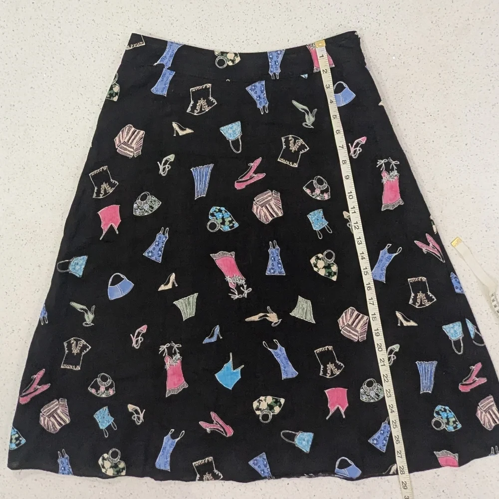 Liz Claiborne Linen Black A-Line Skirt Size 8 Knee Length Fashion Novelty Print